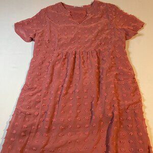 Miholl Dress‎ Womens Size 2XL Pink French Dot Embroidered Babydoll V-Neck Midi